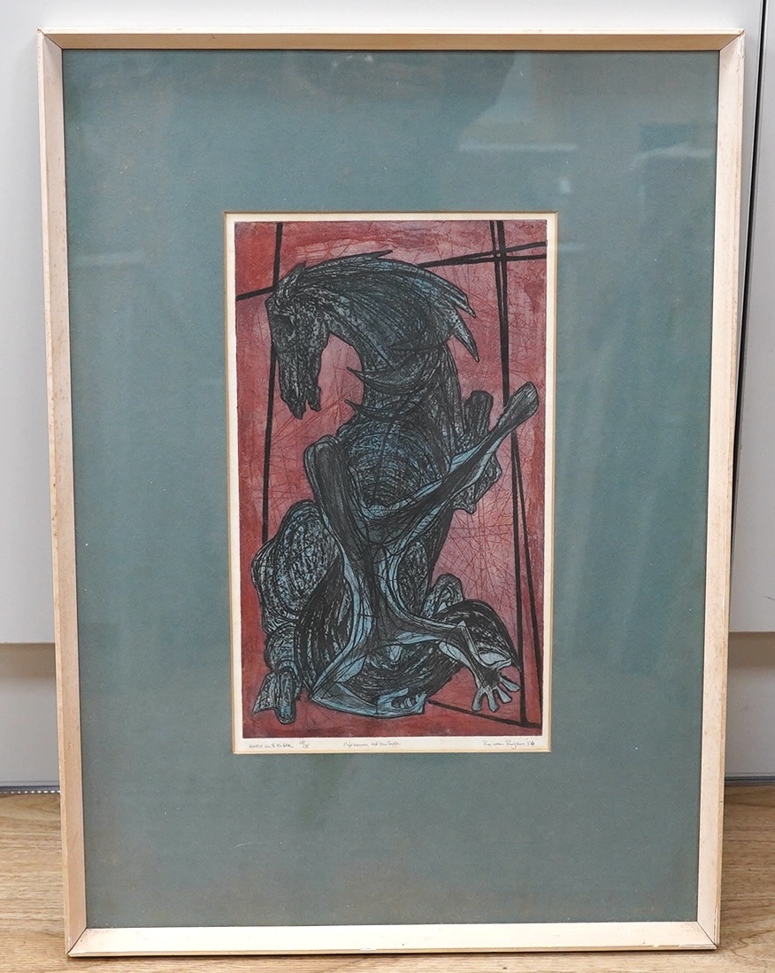 Ru van Rossem (1924-2007), colour etching, ‘Horse and Kidek’, signed in pencil and dated '54, limited edition 18/35, 34 x 20cm. Condition - fair